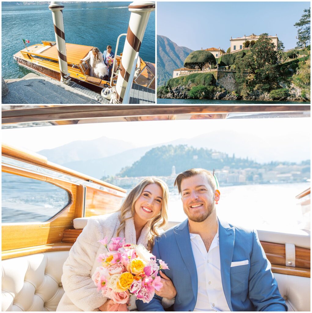 bride and groom on a boat in lake como italy