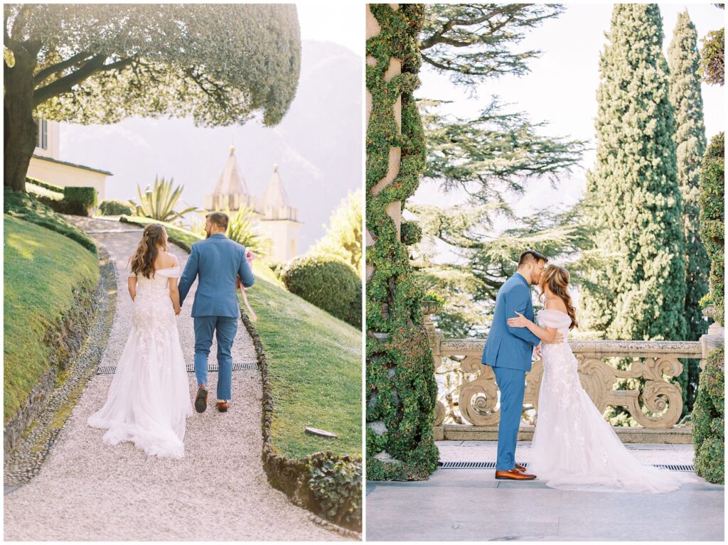 Bride and groom portraits in front of greenery at Villa Balbianello in Lake Como, Italy.