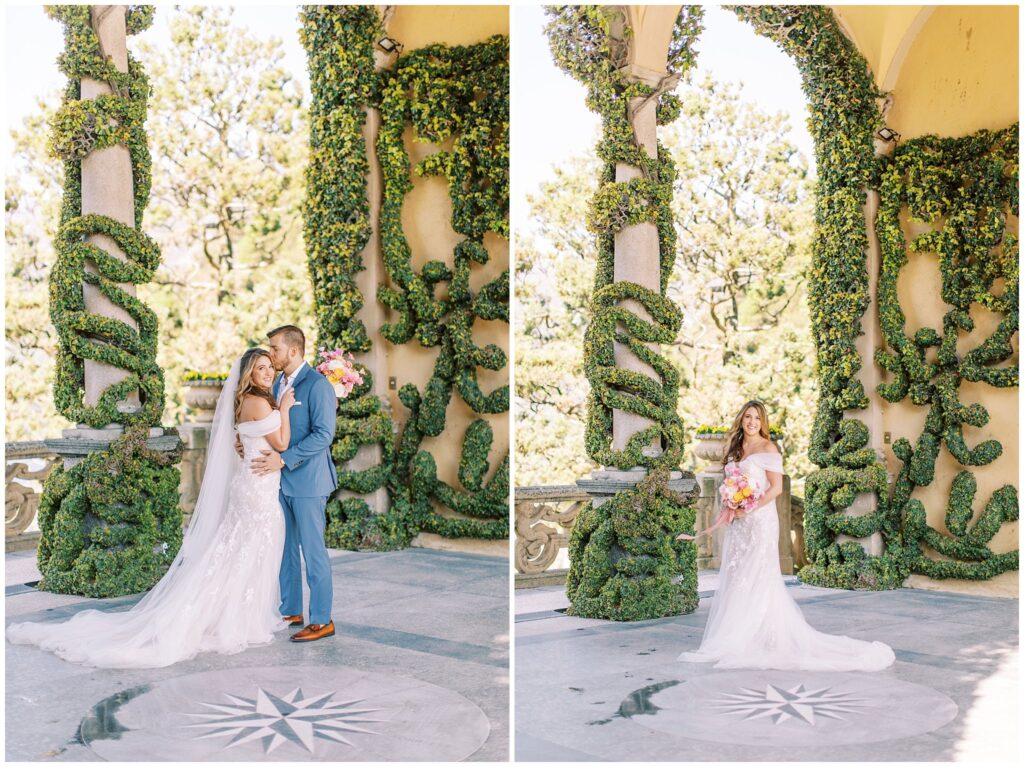 Bride and groom portraits in front of greenery at Villa Balbianello in Lake Como, Italy.