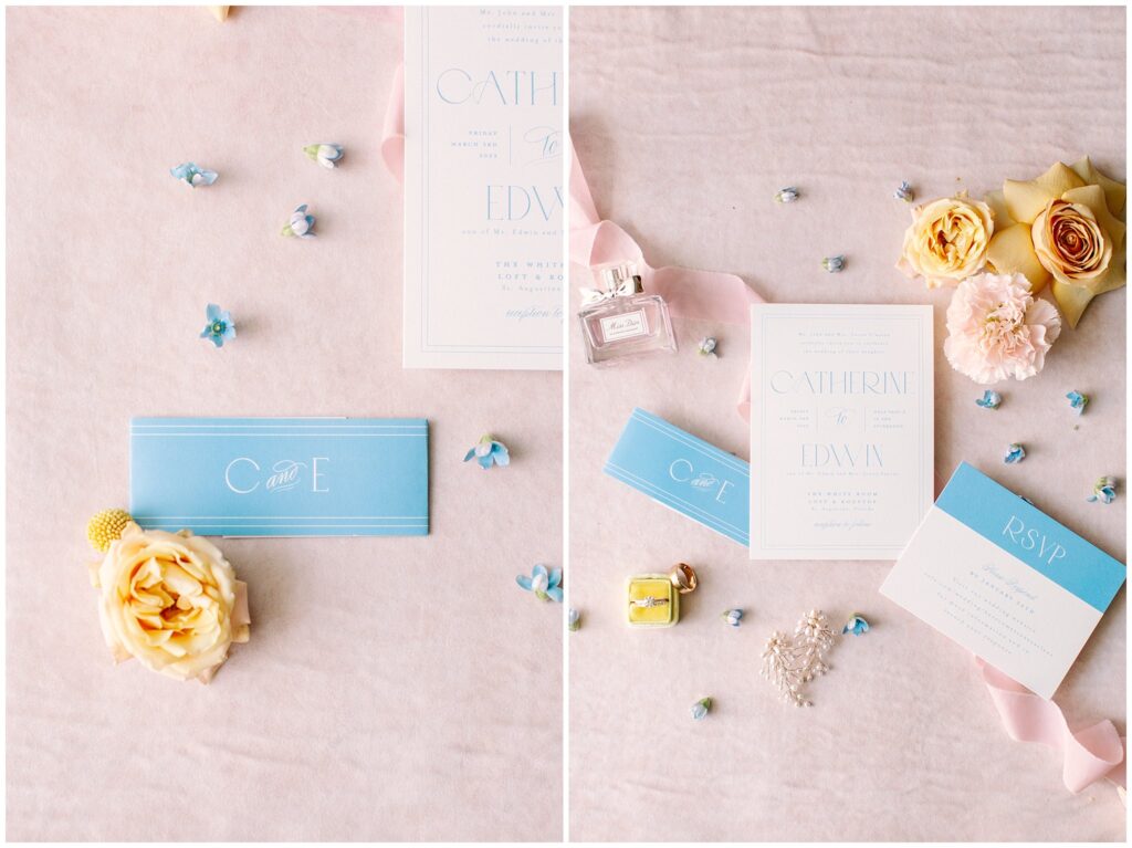 detail shots of a wedding invitation suite with florals and rings