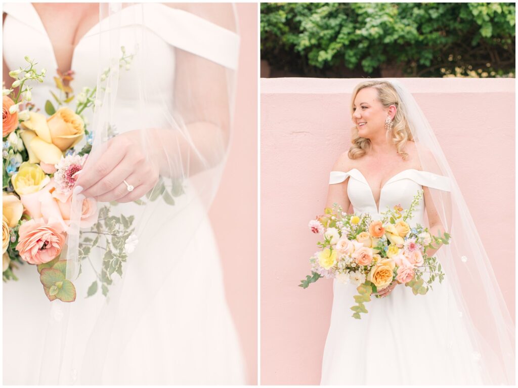 bridal portraits in front of a pink wall with spring florals
