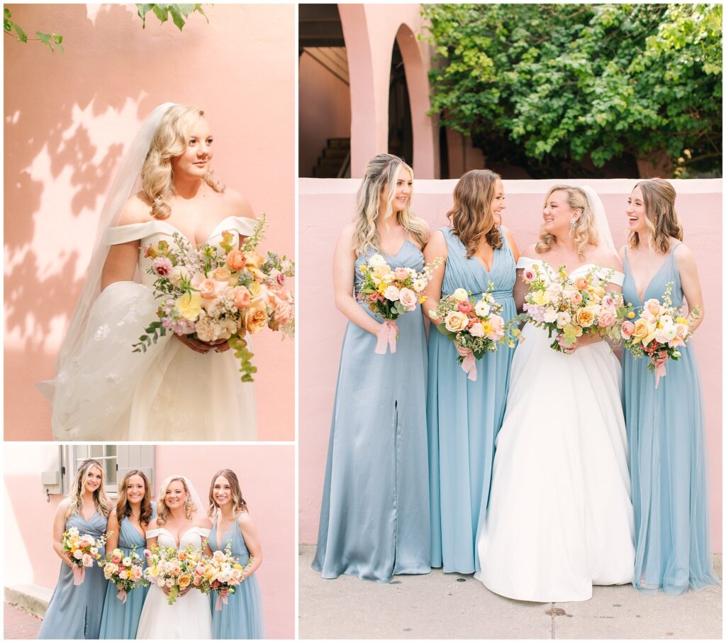 collage of a bride portrait and bridesmaids group shots in light blue dresses in front of a pink wall