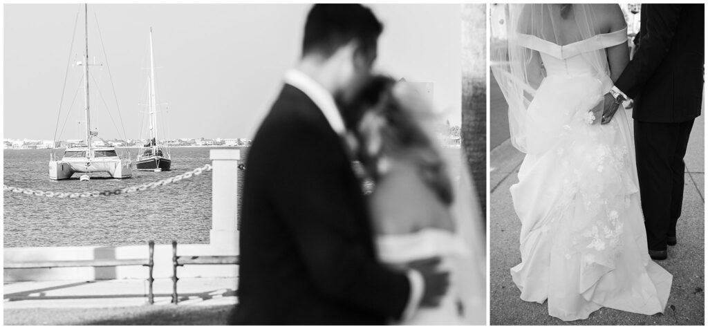 black and white photos of a bride and groom on a dock in front of the ocean with a sailboat behind them and a bride and groom from behind walking