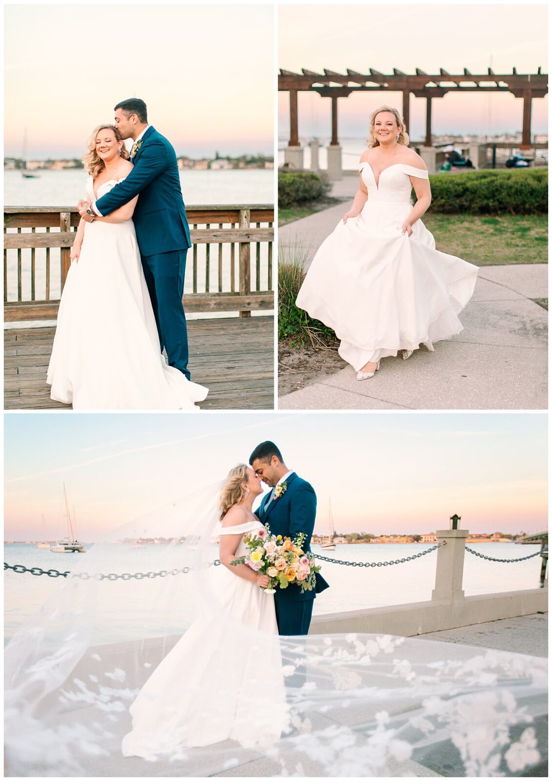 bride and groom on a dock in front of the ocean with a sailboat behind them