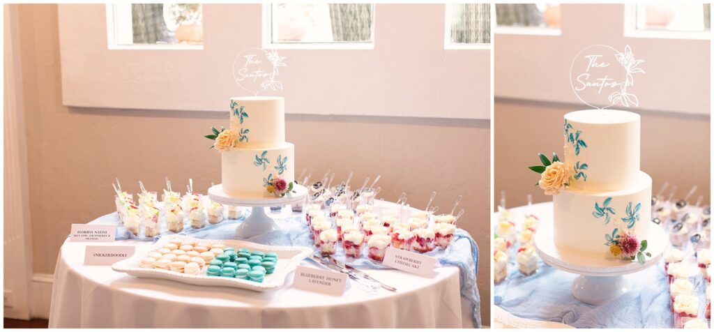 Photos of a two tiered white wedding cake with blue pink and yellow flowers on it with a clear cake topper