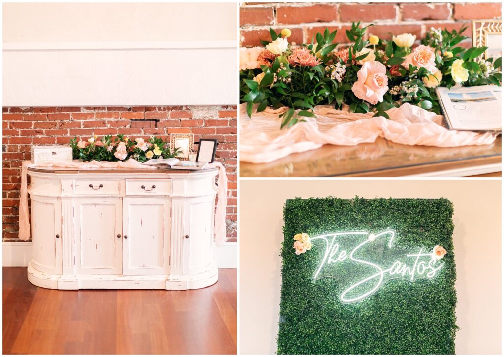 collage of spring wedding reception details with florals, a neon sign on a greenery wall, and a hutch in front of a brick wall. 