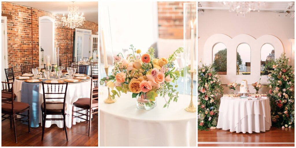 collage of three photos from left to right: reception table decorated in spring colors with black chairs, photo of a bridal bouquet in spring colors on a white table, photo of cake table surround by spring florals on towers on each side of the table