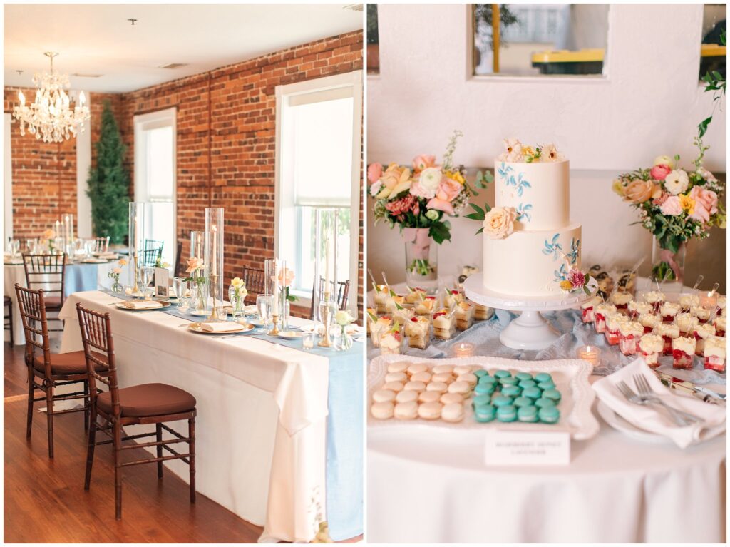 collage of two photos, sweetheart table on the left and cake table on the right