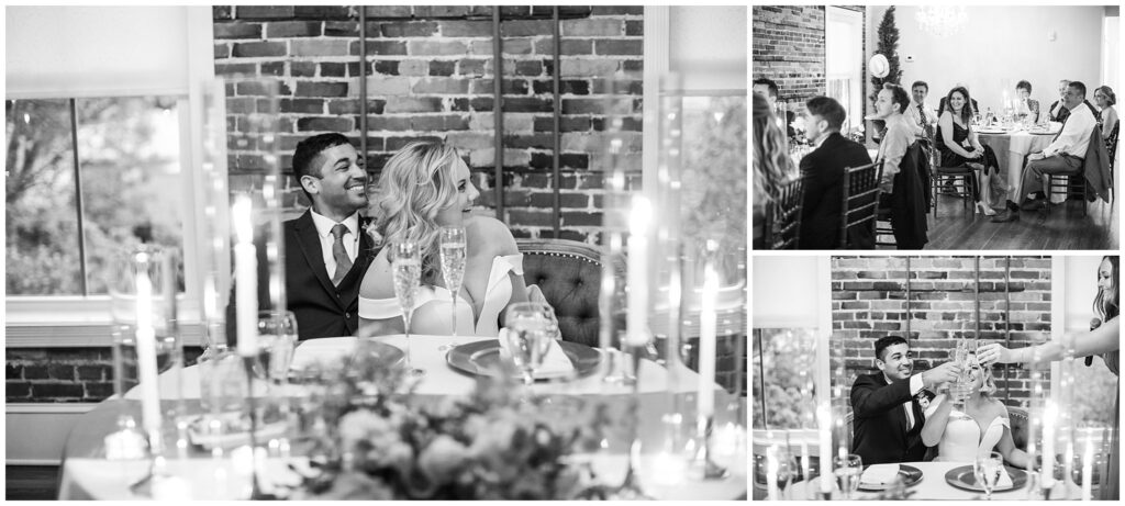 black and white photos in a collage at a reception of toasts being given