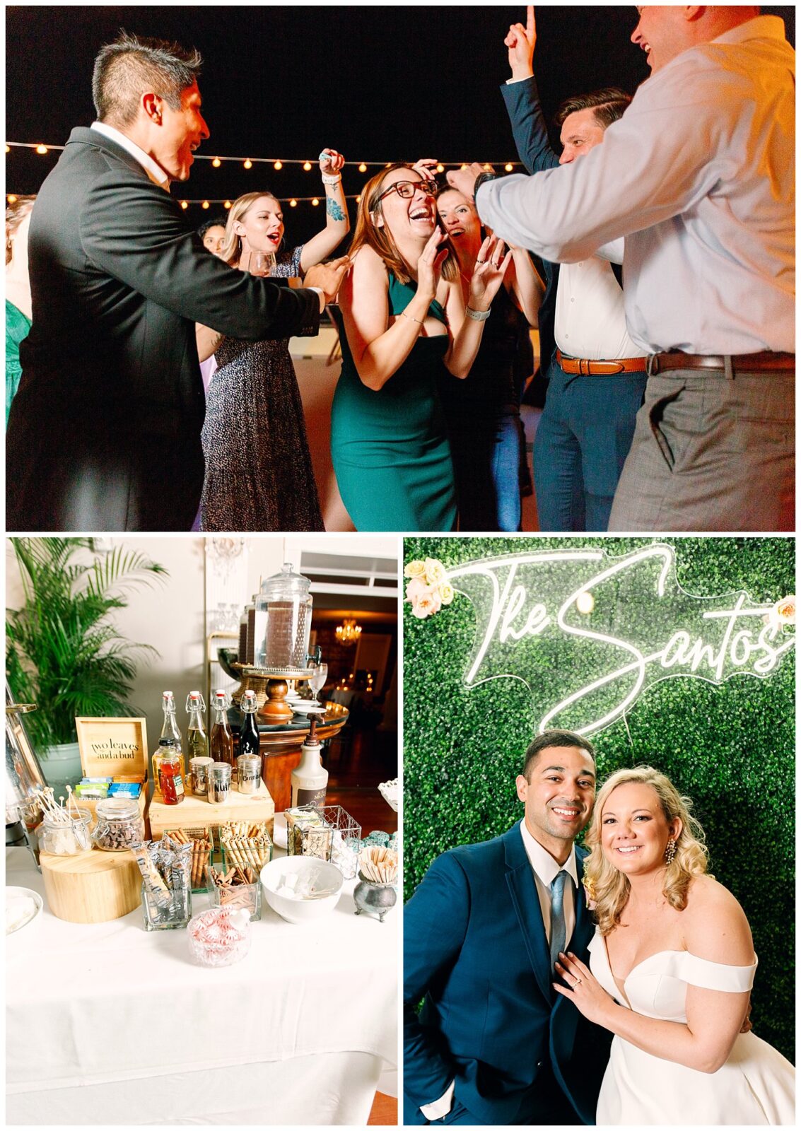 collage of reception photos with dancing on top, a bar snack photo on the left and a couple in front of a neon sign on the right. 
