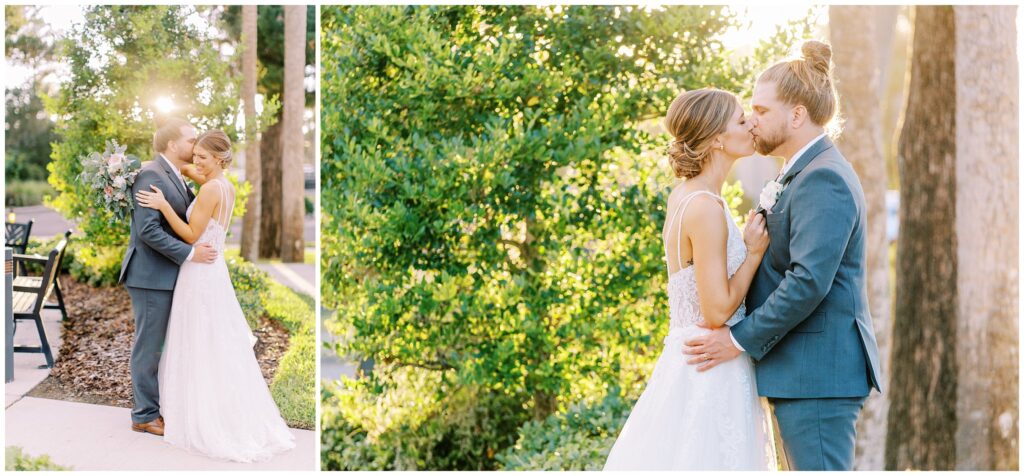 Bride and groom portraits in front of greenery with a sunlit background