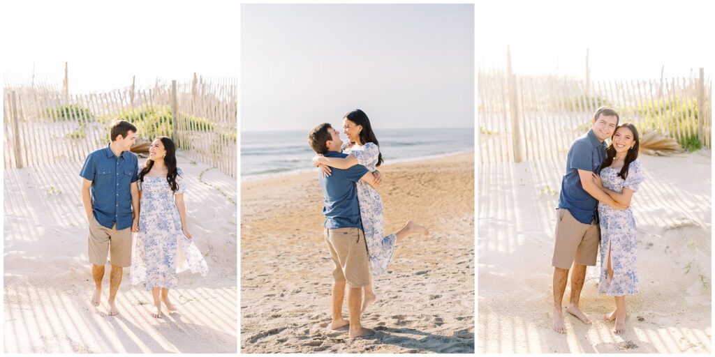 Collage of three couple portraits on the beach, one walking, one with him picking her up, and one with them both looking at the camera hugging.