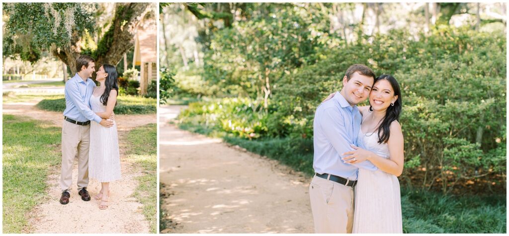 Two photo collage of couple portraits in front of a greenery background.