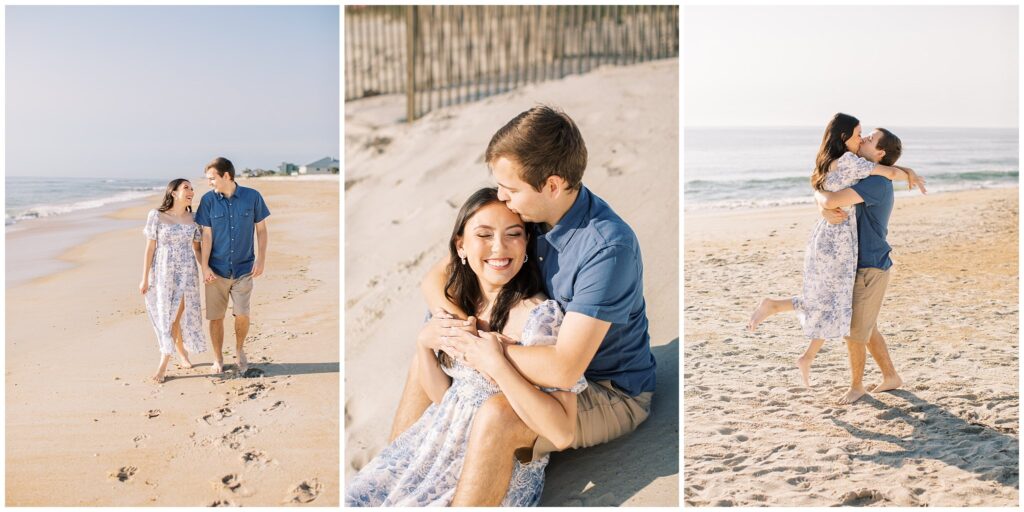 Collage of three couple portraits on the beach, one walking, one with them sitting together and him kissing her forehead, and one with him picking her up.