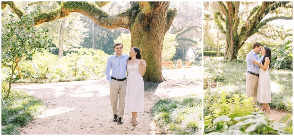Two photo collage of couple portraits in front of a greenery background. 