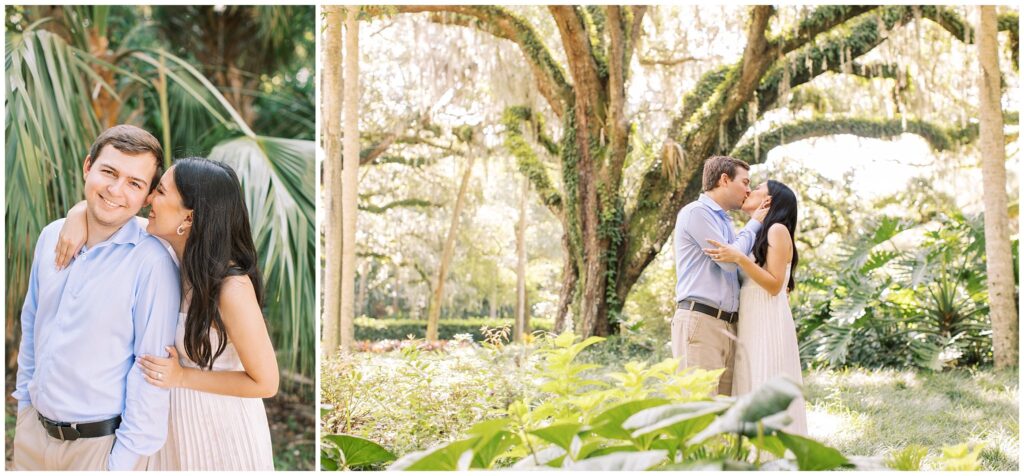 Two photo collage of couple portraits in front of a greenery background. 