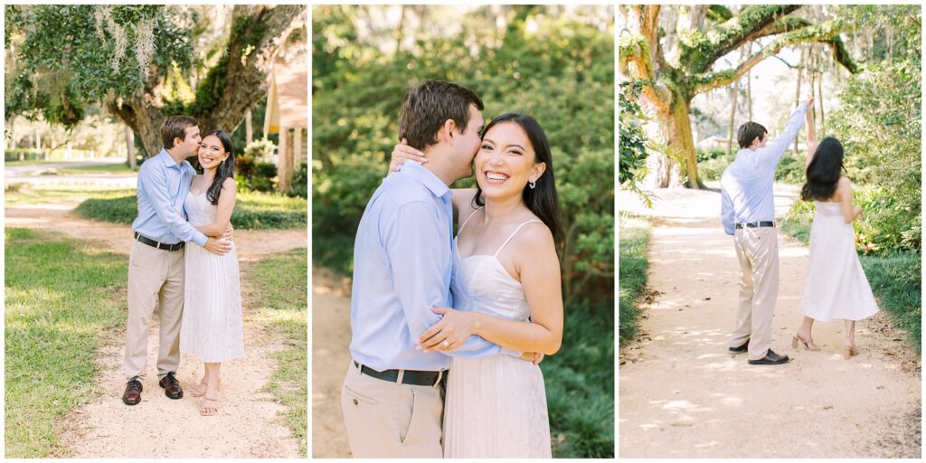Three photo collage of couple portraits, two with them hugging and him kissing her cheek and her smiling,  one with him twirling her all in front of a greenery background 
