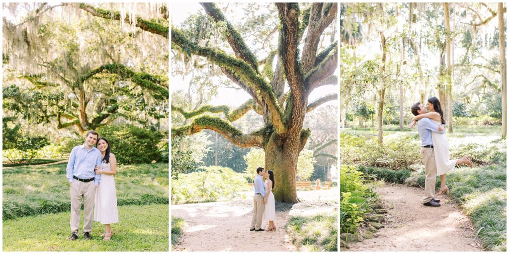 Three photo collage of couple portraits, one with them looking at the camera, one with them kissing under a large tree, one with him picking her up under a tree and looking at each other. All in front of a greenery background. 