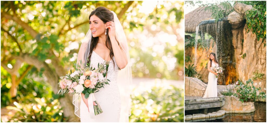 Bridal portraits in front of a tropical greenery background.