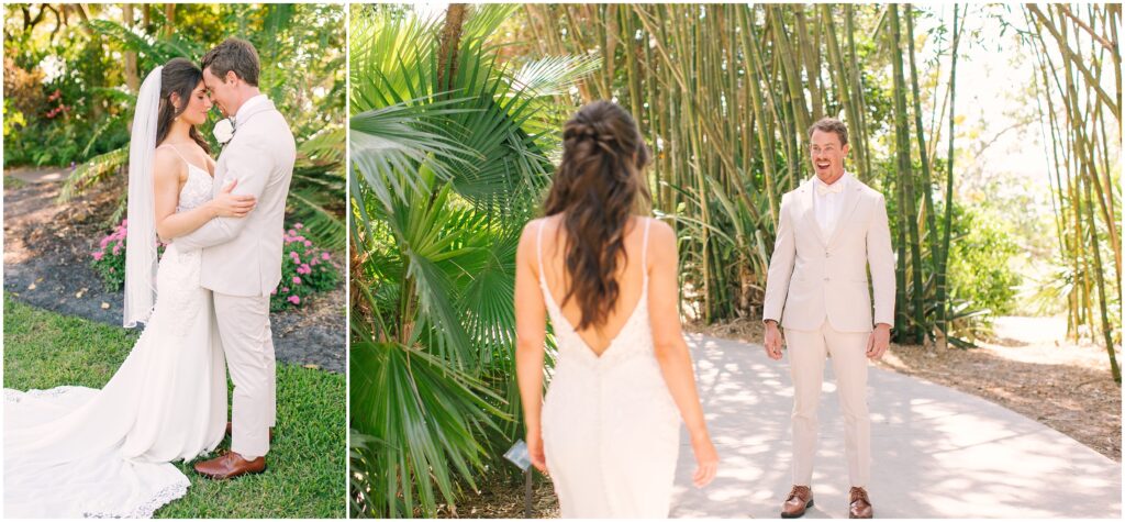 Bride and groom in front of a tropical greenery background and seeing each other for the first time.