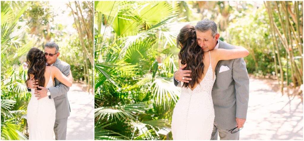 First look with a bride and father in front of a tropical greenery background. 