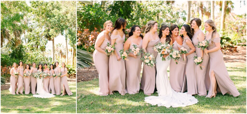 bride and bridesmaids in front of a tropical greenery background