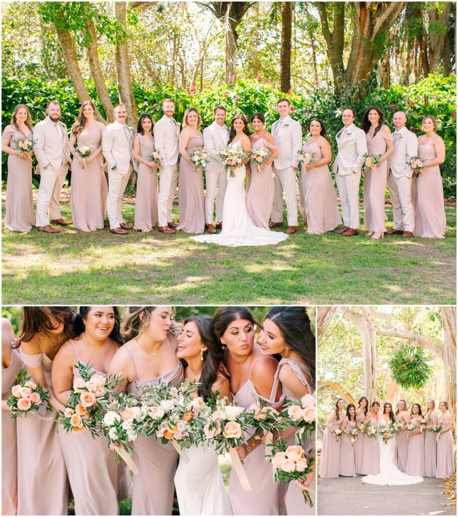 collage of a bridal party photo looking at camera and two photos of a bride and bridesmaids in front of a tropical greenery background