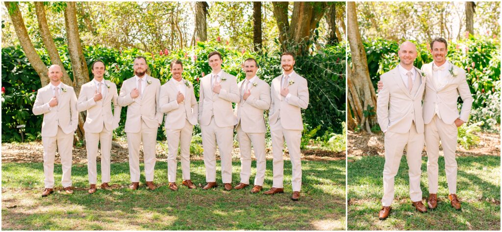groom and groomsmen in front of a tropical greenery background