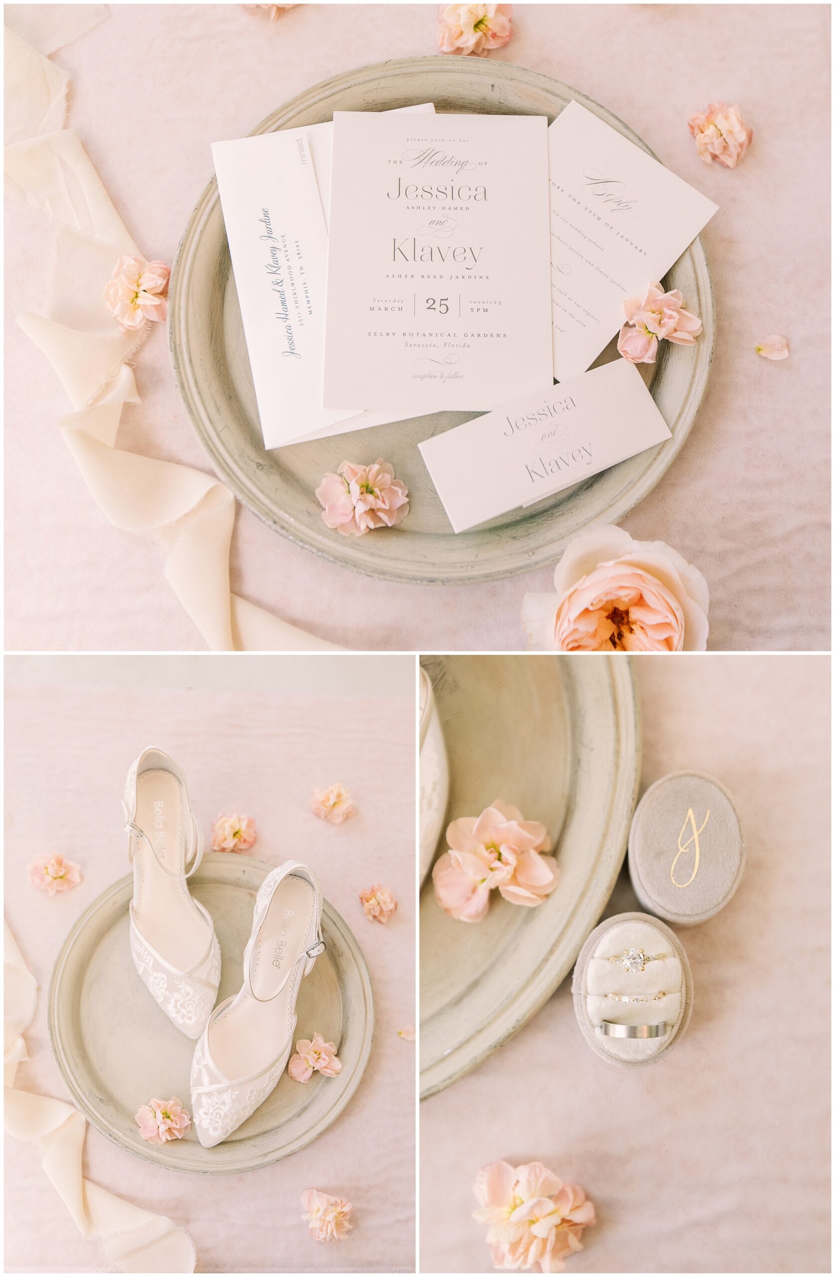 collage of three photos of cream and blush wedding details