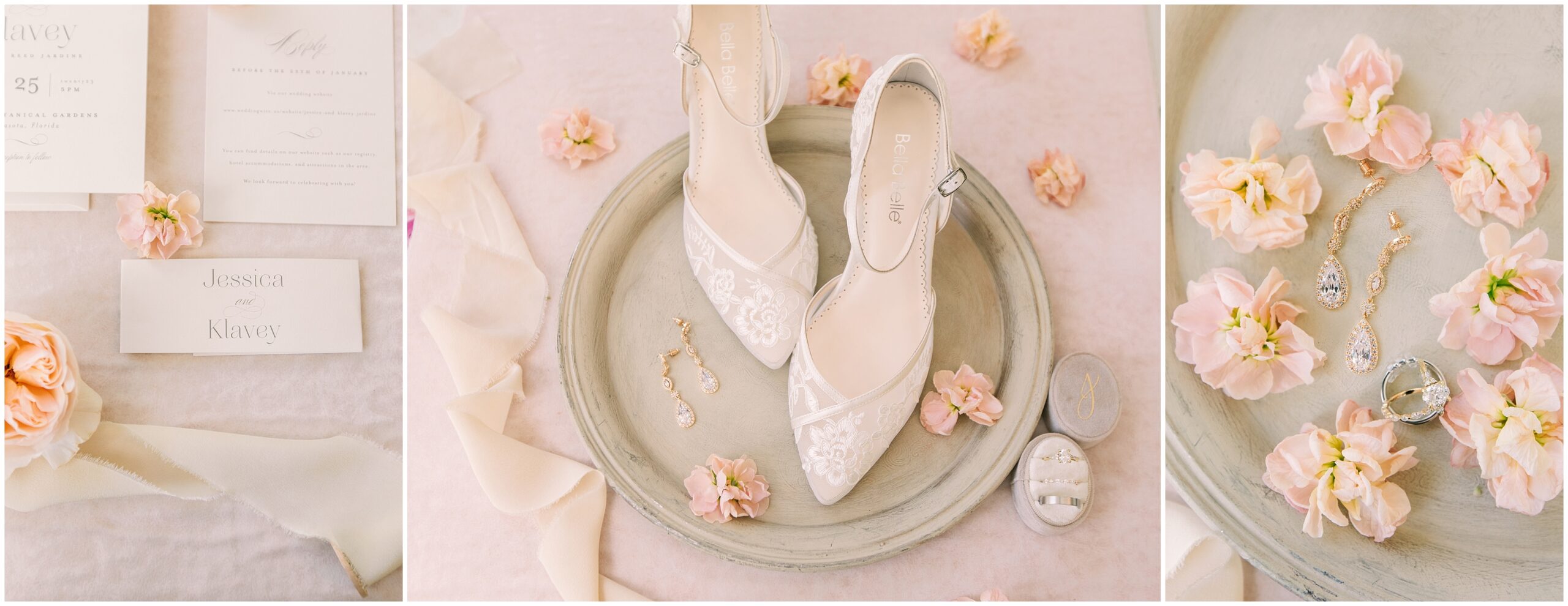 three photo collage of blush pink and cream wedding details 