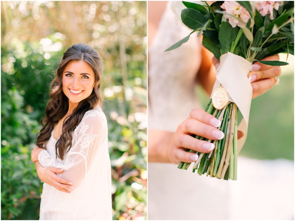 Bridal portraits in front of a tropical greenery background.