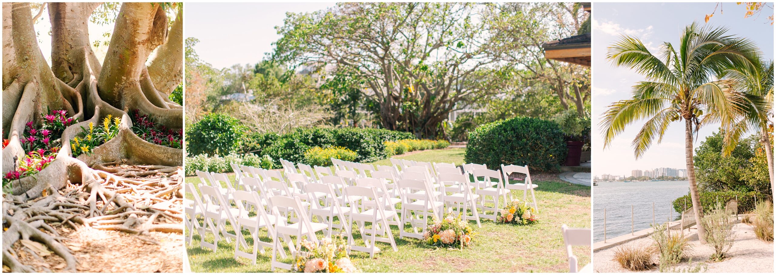 a collage of three photos of a garden wedding, first of a tree with flowers planted along the above ground roots, middle photo of a display of ceremony chairs set up on a garden lawn, and third photo of a palm tree in a beach setting. 
