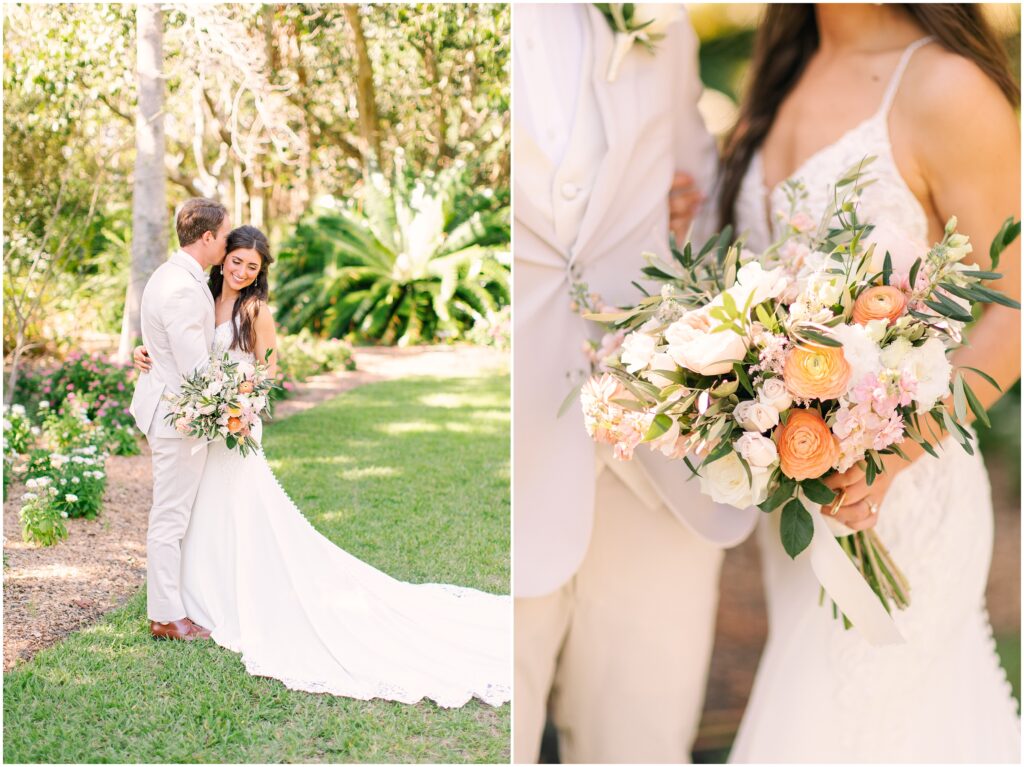 Two bride and groom portraits collaged together looking at each other in front of a tropical greenery background 