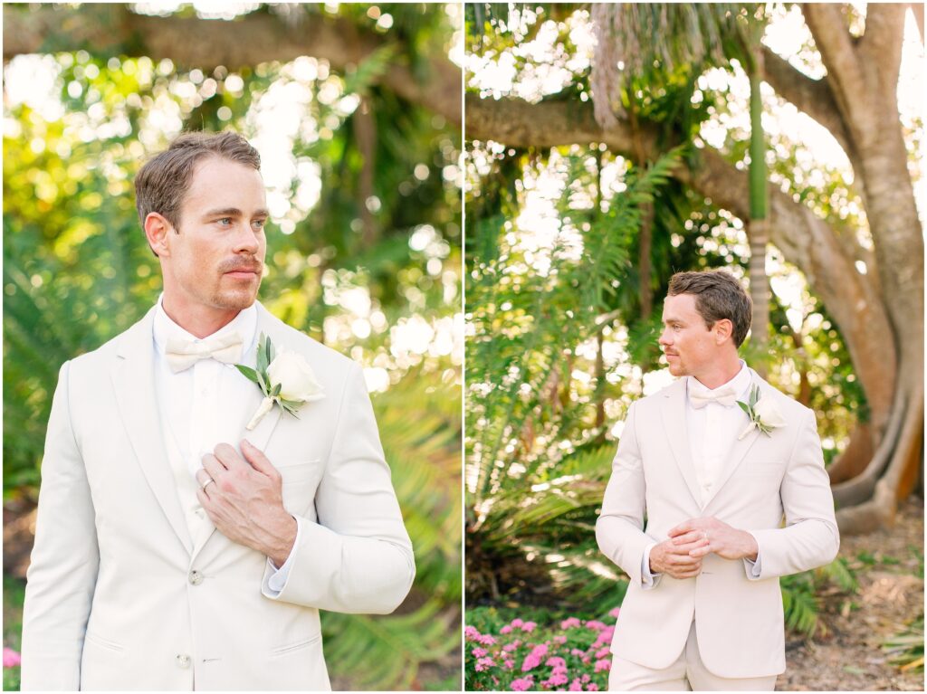 Two groom portraits collaged together in front of a tropical greenery background