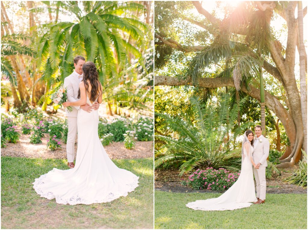Two bride and groom portraits collaged together in front of a tropical greenery background 