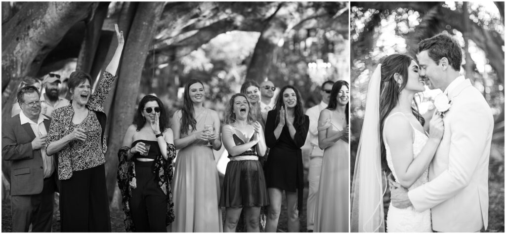 guests cheering on a bride and groom in black and white and a black and white bride and groom portrait collaged together. 