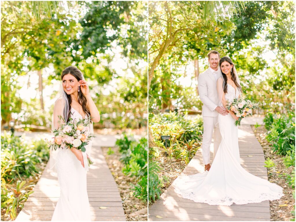a bridal portrait and  bride and groom portrait collaged together in front of a tropical greenery background 