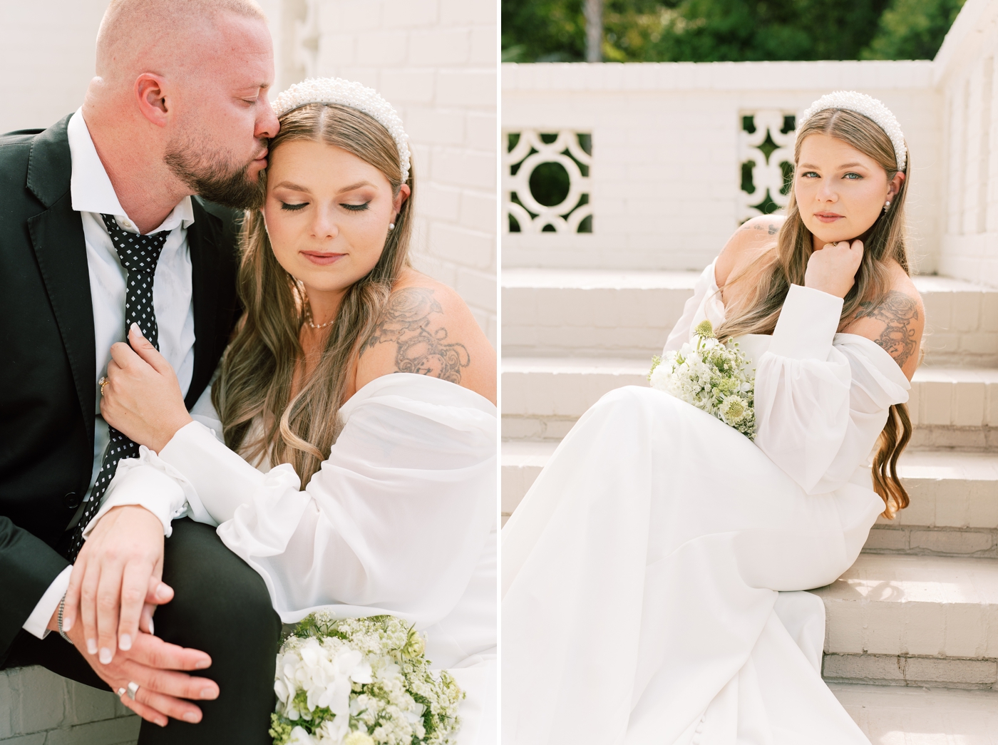 Bride and groom portraits on the steps of The Old Spanish Quarter in Jacksonville, with the bride in a long sleeve crepe gown and groom in black suit