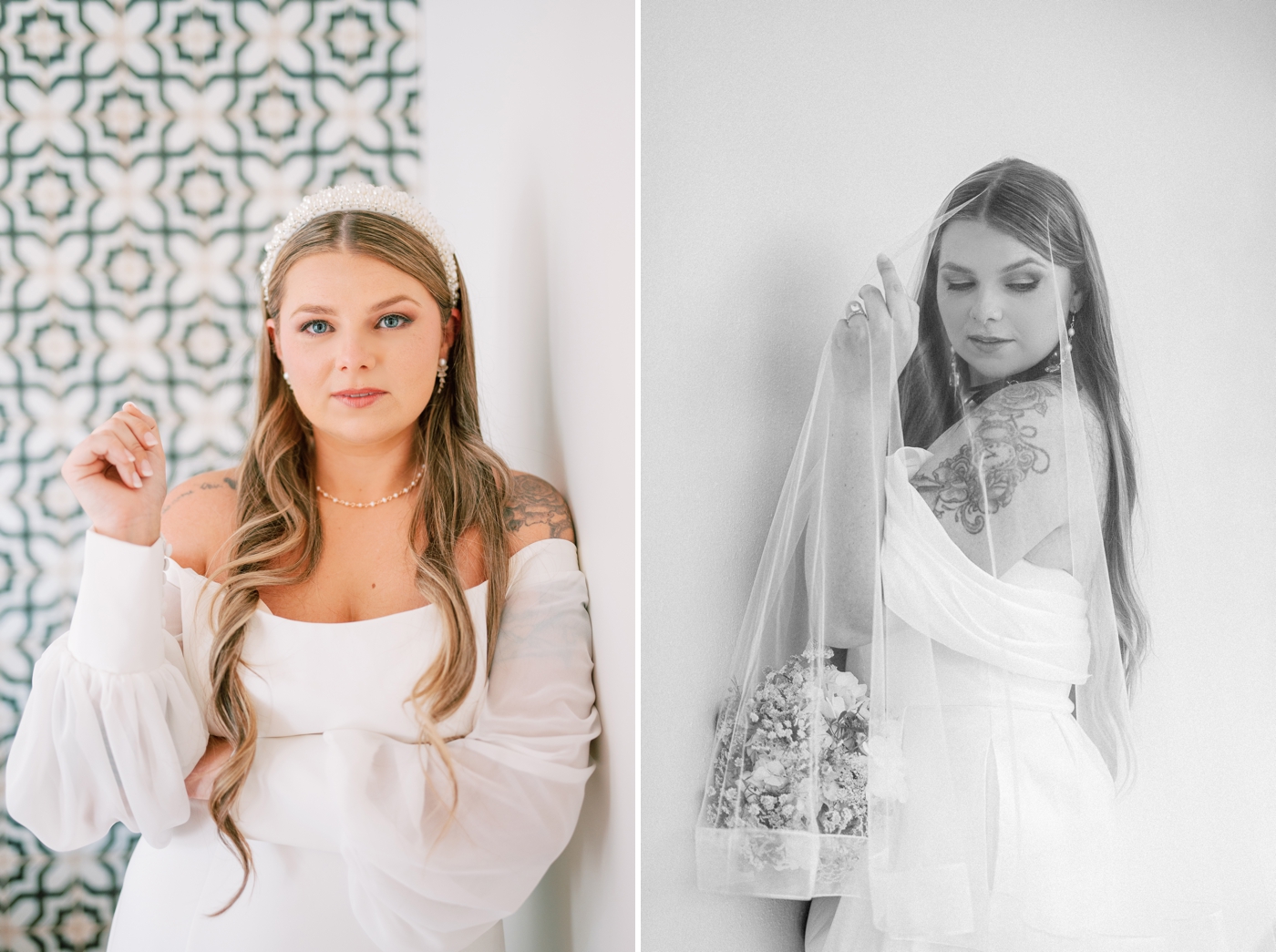 Bridal portraits in front of a tiled backdrop in Florida 