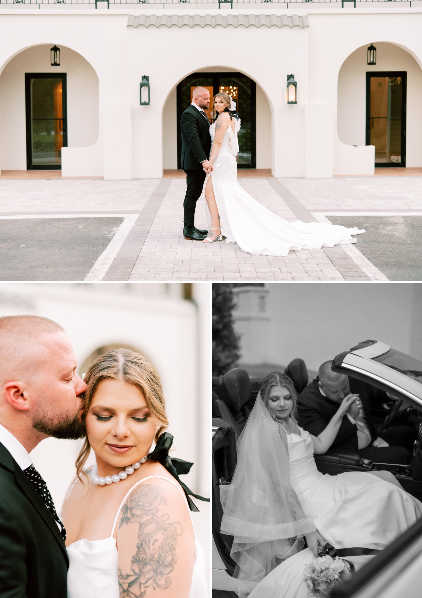 Bride and groom holding hands in front of a wedding venue in Florida, and getting out of a sports car before their wedding