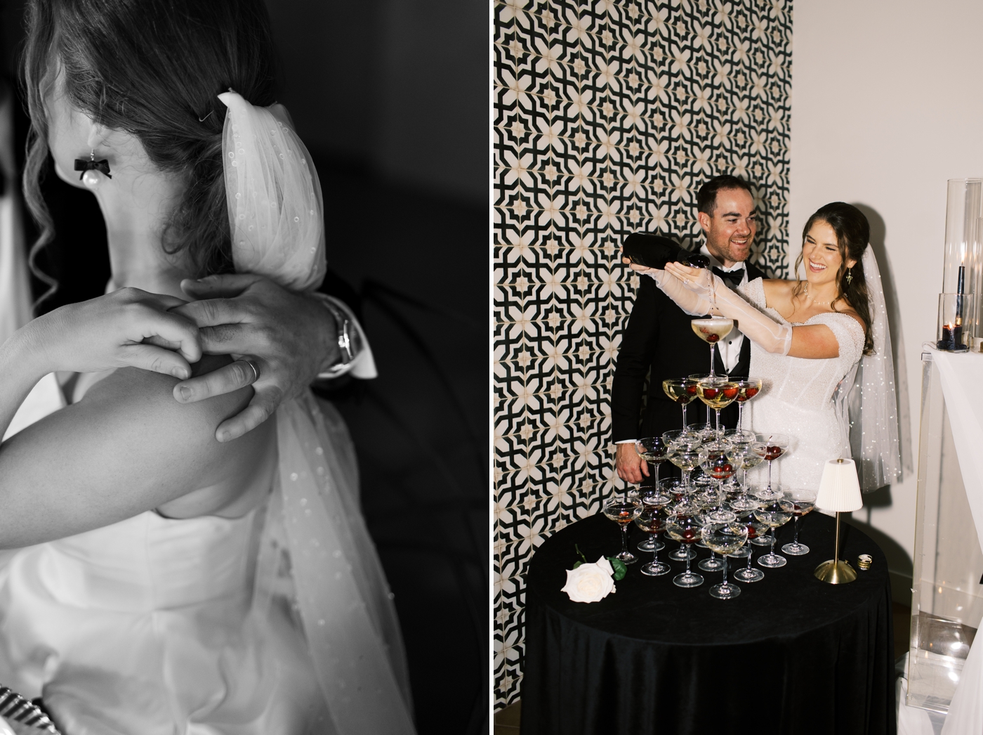 Champagne wall with the couple pouring the champagne 