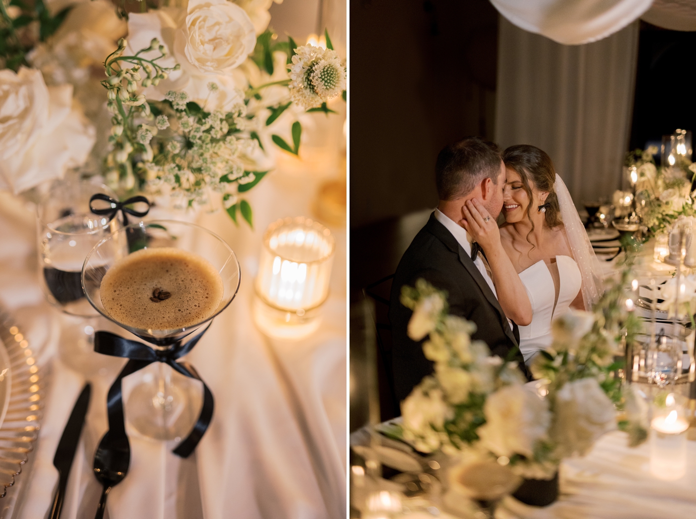 Couple embracing at their wedding table for an evening wedding in Jacksonville, photographed by Nikki Golden