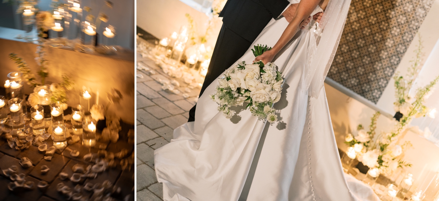 Bride holding an all white bridal bouquet, for an evening candle lit portrait by Nikki Golden Photography 