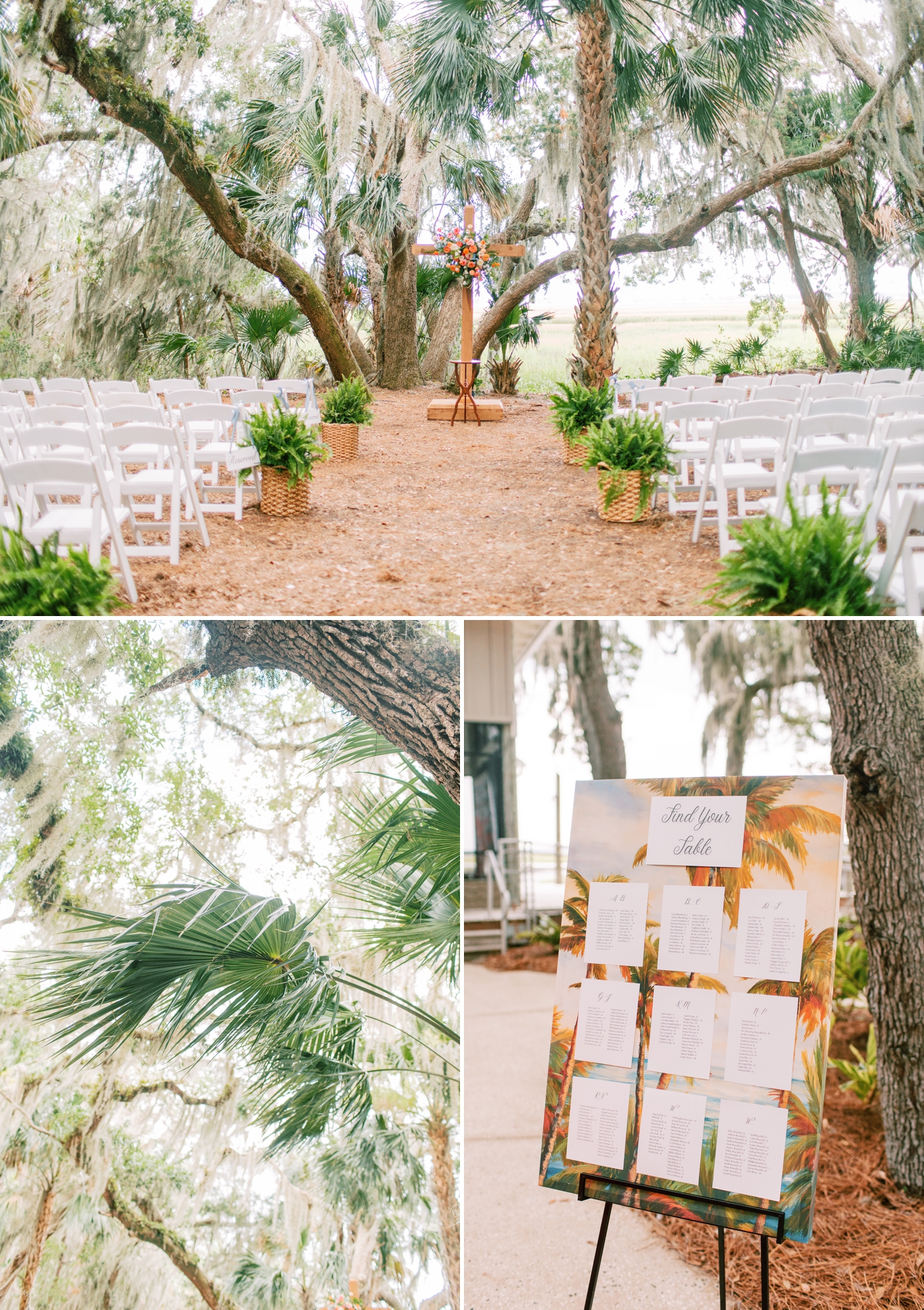 Outdoor ceremony at Walkers Landing on Amelia Island, with a large cross as the altar 