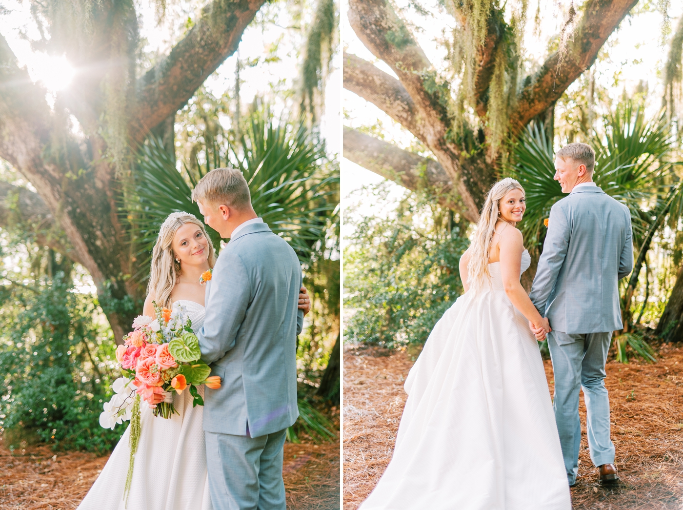 Golden hour bride and groom portraits outdoors amongst oak trees and spanish moss on Amelia Island