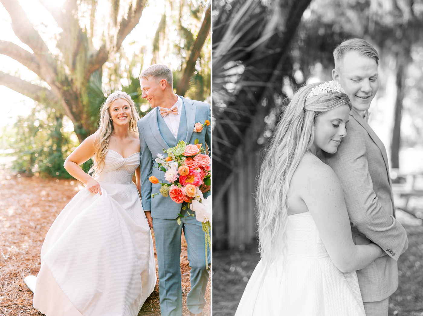 Golden hour bride and groom portraits outdoors amongst oak trees and spanish moss on Amelia Island