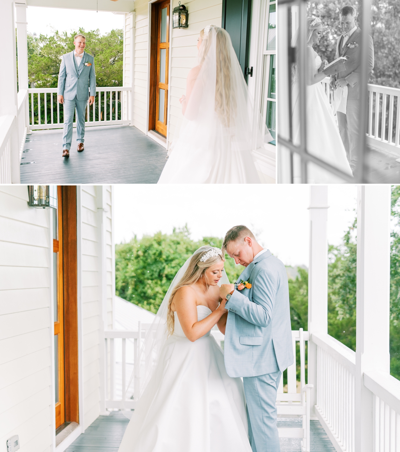 Bride and groom first look on a porch on Amelia Island 