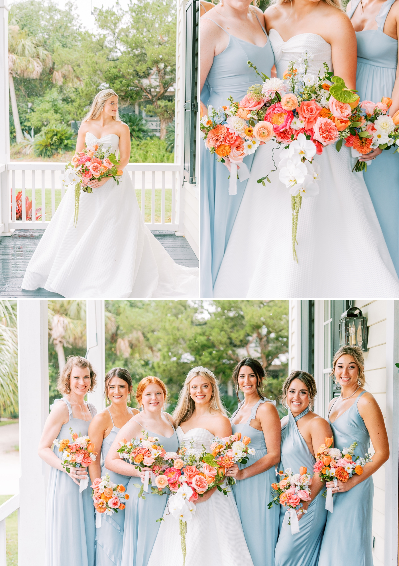 Bride and bridesmaids, with the bridesmaids in dusty blue dresses holding colorful bridal bouquets 