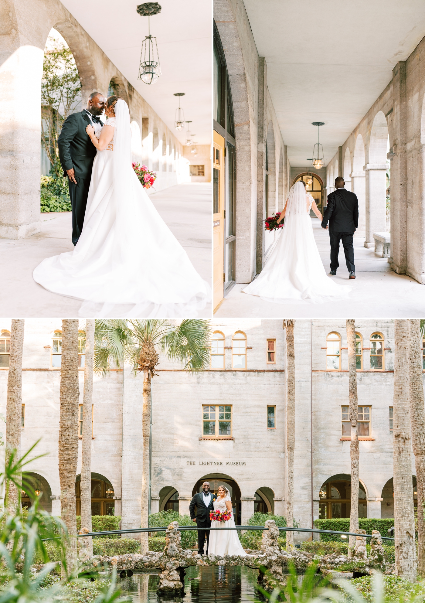 bride and groom standing on stone bride over the koi pond in the courtyard at The Lightner Museum