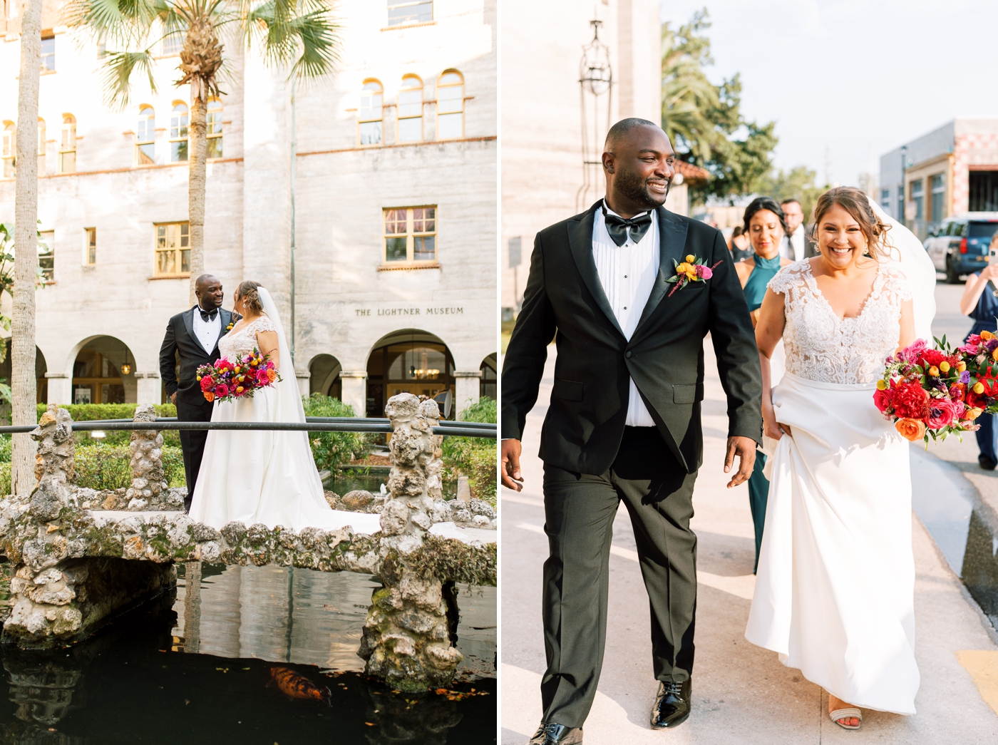 bride and groom smiling and walking down the street in St. Augustine Florida